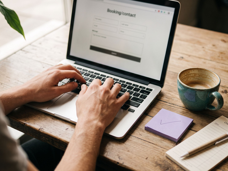 Person typing on a laptop, filling out an online booking/contact form