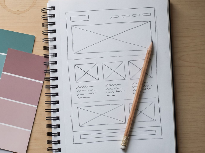 A hand-drawn website wireframe sketch next to paint colour swatches, planning a custom brand look